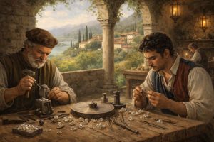 Artigiani al lavoro in unofficina rustica